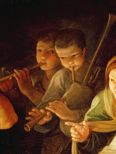 Adoration of the Shepherds (detail of the young musicians in the background) by Guido Reni
